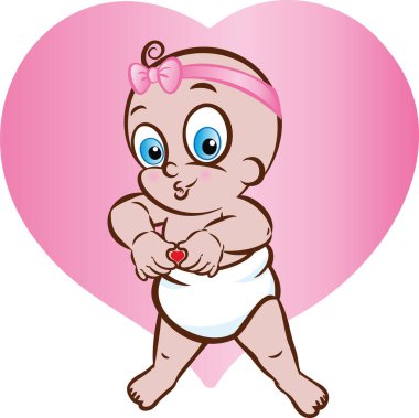 Vector illustration of a baby girl in diaper making a heart sign or shape clipart