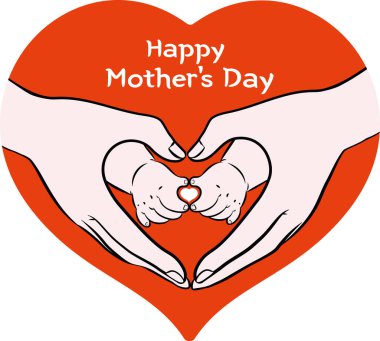 Vector illustration of mother and baby hand making heart gesture or shape. Mothers day clipart