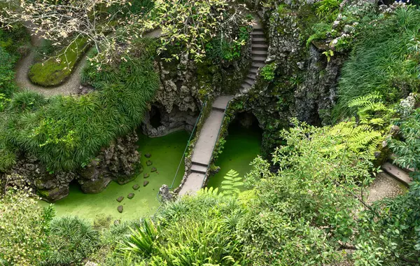 Quinta da Regaleira, Sintra, Portekiz 'de yemyeşil, taş köprüler ve kaya oluşumlarıyla çevrili sihirli yeşil bir gölet. Doğayı sevenler ve gezginler için dingin, mistik bir manzara..
