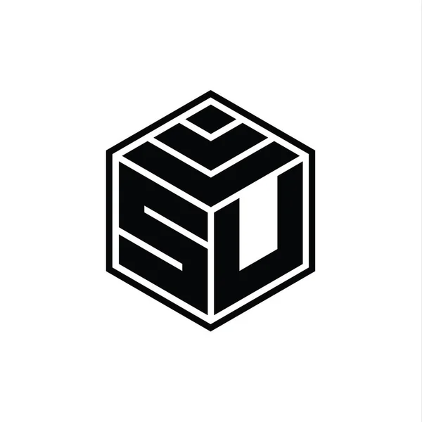 带有六边形几何孤立轮廓设计模板的Su Logo主题图 — 图库照片