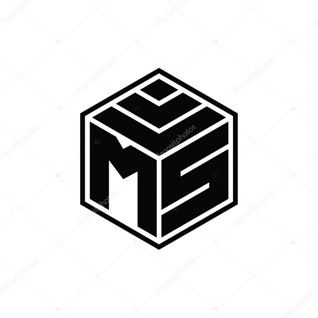 MS Logo monogram with hexagon geometric shape isolated outline design template