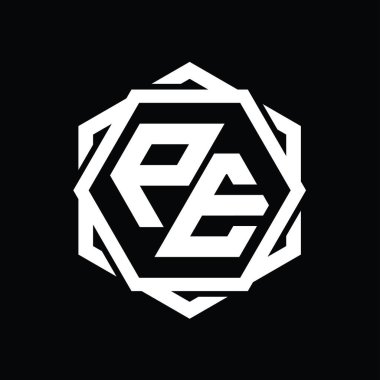 Geometrik soyut izole tasarım şablonu ile PE logo monogram altıgen şekli