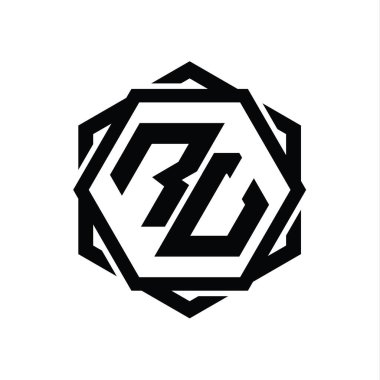 Geometrik soyut izole tasarım şablonu ile RU Logo monogram altıgen şekli