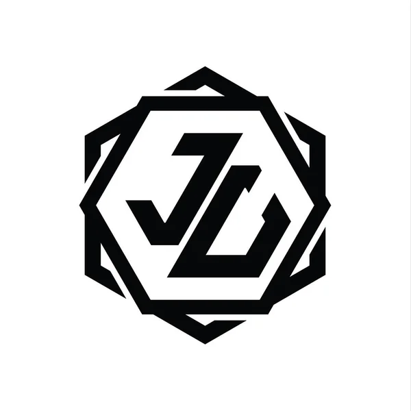 带有几何抽象孤立轮廓设计模板的Ju Logo六边形 — 图库照片