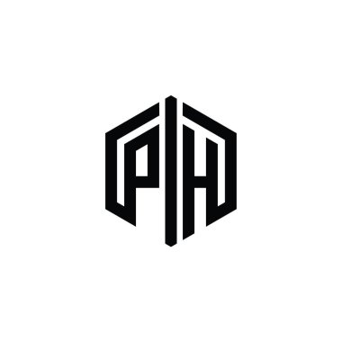 PH Harfi Logo monogram altıgen şekli ile ana hatlı biçim tasarım şablonu