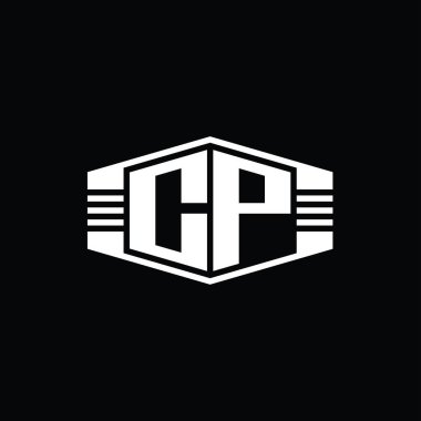 CP Harfi Logo monogram altıgen amblem şekli çizgili tasarım şablonu