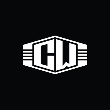 CW Harfi Logo monogram altıgen amblem şekli çizgili tasarım şablonu