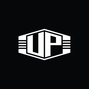 UP Harfi Logo monogram altıgen amblem şekli çizgili tasarım şablonu