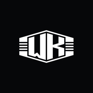 WK Harfi Logo monogram altıgen amblem şekli çizgili tasarım şablonu