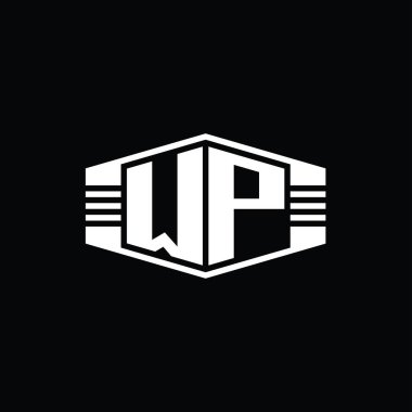 WP Harfi Logo monogram altıgen amblem şekli çizgili tasarım şablonu