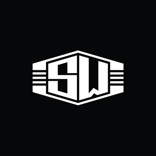 Sw文字ロゴモノグラムストライプアウトラインスタイルデザインテンプレートと六角形のエンブレム形状 — ストック写真
