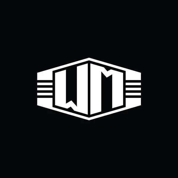 Wm文字ロゴモノグラムストライプアウトラインスタイルデザインテンプレートと六角形のエンブレム形状 — ストック写真