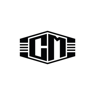 CM Harfi Logo monogram altıgen amblem şekli çizgili tasarım şablonu
