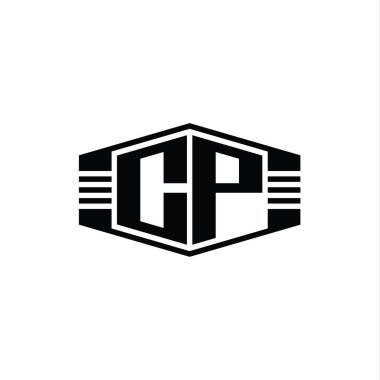 CP Harfi Logo monogram altıgen amblem şekli çizgili tasarım şablonu