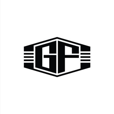 GF Harfi Logo monogram altıgen amblem şekli çizgili tasarım şablonu