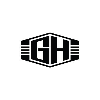 GH Harfi Logo monogram altıgen amblem şekli çizgili ana hat biçim tasarım şablonu