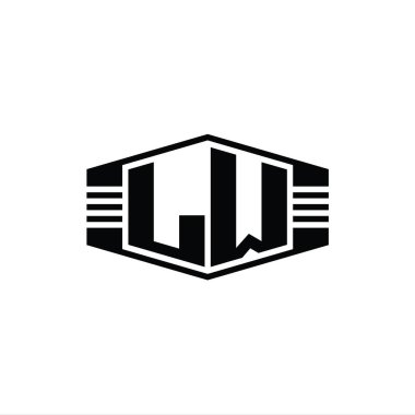 LW Harfi Logo monogram altıgen amblem şekli çizgili tasarım biçimi şablonu