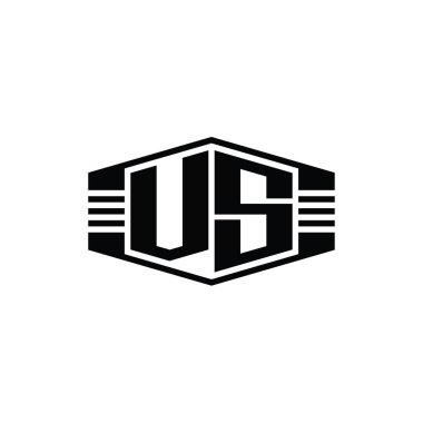 VS Harfi Logo monogram altıgen amblem şekli çizgili tasarım şablonu