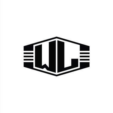 WL Harfi Logo monogram altıgen amblem şekli çizgili tasarım şablonu