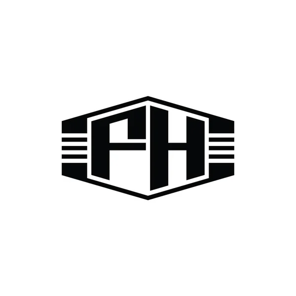 Fhレターロゴモノグラムストライプアウトラインスタイルデザインテンプレート付き六角形エンブレム形状 — ストック写真