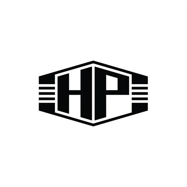 带条纹轮廓图案模板的Hp字母标志六边形符号 — 图库照片