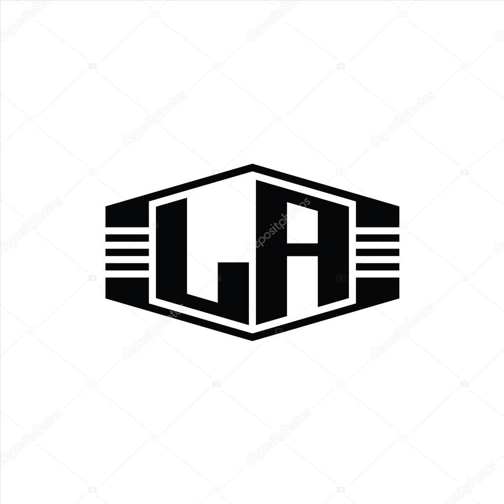 LA Letter Logo monogram hexagon emblem shape with stripes outline style design template