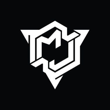 MJ Harfi Logo monogram altıgen şekli ve üçgen ana hatlı oyun biçimi tasarım şablonu