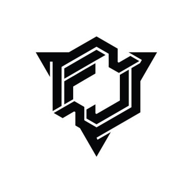 FJ Harfi Logo monogram altıgen şekli ve üçgen ana hatlı oyun biçimi tasarım şablonu