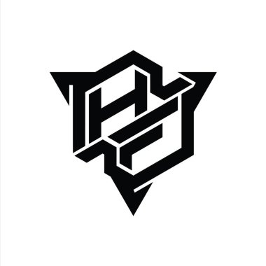 Üçgen ana hatlı oyun biçimi tasarım şablonu ile HF Harfi Logo monogram altıgen şekli