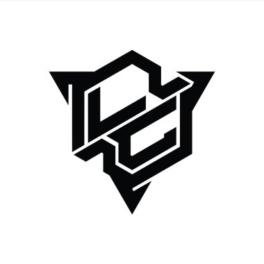 LC Harfi Logo monogram altıgen şekli ve üçgen ana hatlı oyun biçimi tasarım şablonu