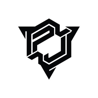 PJ Harfi Logo monogram altıgen şekli ve üçgen ana hatlı oyun biçimi tasarım şablonu