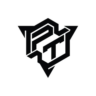 PT Letter Logo monogram altıgen şekli ve üçgen ana hatlı oyun biçimi tasarım şablonu