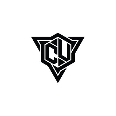 CU Harfi Logo monogram altıgen şekli ve üçgen çizgili keskin dilim biçimi tasarım şablonu
