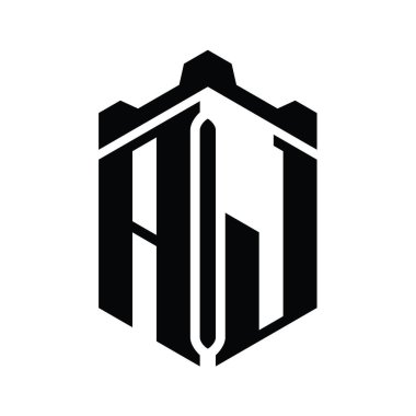 Taç kale geometrik biçim tasarım şablonu ile AJ Harf Logosu altıgen şekli