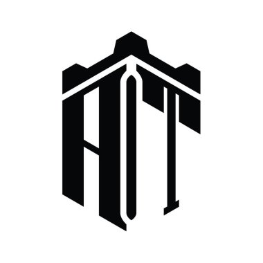 Taçlı kale geometrik stil tasarım şablonu ile AT Harfi Logosu monogram altıgen şekli