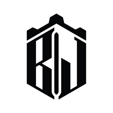 Taçlı kale geometrik stil tasarım şablonu ile BJ Harfi Logo monogram altıgen şekli