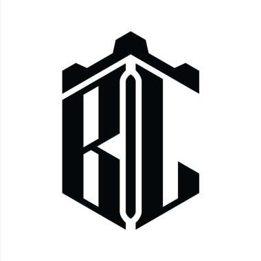 Taçlı kale geometrik stil tasarım şablonu ile BL Letter logo monogram altıgen şekli