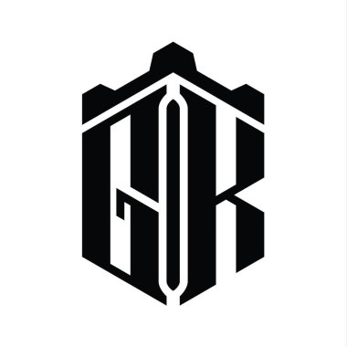 Taç kale geometrik stil tasarım şablonu ile GK Harf Logosu monogram altıgen şekli