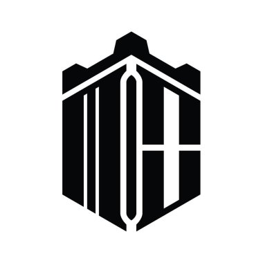 Taçlı kale geometrik stil tasarım şablonu ile MO Harfi Logo monogram altıgen şekli