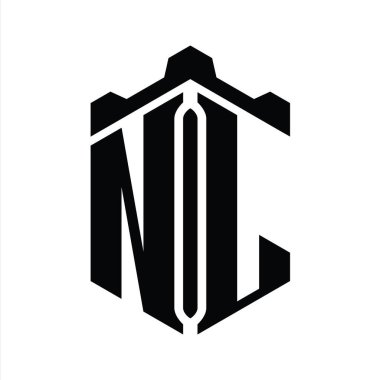 Taçlı kale geometrik stil tasarım şablonu ile NL Harfi Logo monogram altıgen şekli
