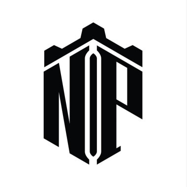 NP Harfi Logo monogram altıgen şekli Crown kalesi geometrik biçim tasarım şablonu
