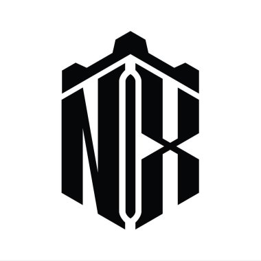 Taç kale geometrik stil tasarım şablonu ile NX Harfi Logo monogram altıgen şekli