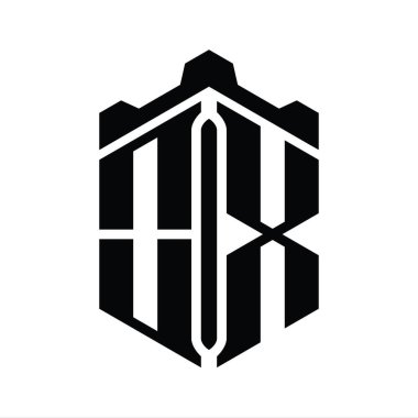 Taç kale geometrik stil tasarım şablonu ile OX Harfi Logo monogram altıgen şekli