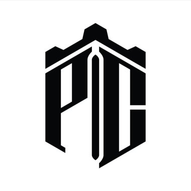 PC Harfi Logo monogram altıgen şekli Crown kalesi geometrik biçim tasarım şablonu