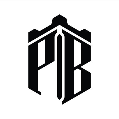 Taçlı kale geometrik stil tasarım şablonu ile PB Harf Logosu monogram altıgen şekli