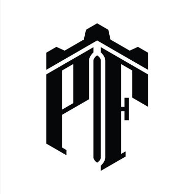 PF Harfi Logo monogram altıgen şekli ve Crown Castle geometrik biçim tasarım şablonu