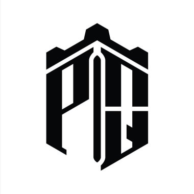 Taçlı kale geometrik stil tasarım şablonu ile PQ Harfi Logosu monogram altıgen şekli