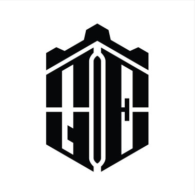QE Harfi Logo monogram altıgen şekilli Crown kalesi geometrik biçim tasarım şablonu