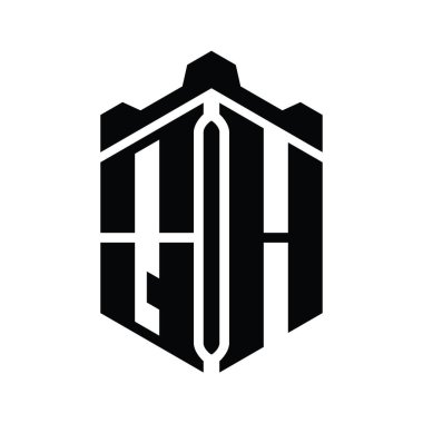 QH Harfi Logo monogram altıgen şekli Crown kalesi geometrik biçim tasarım şablonu