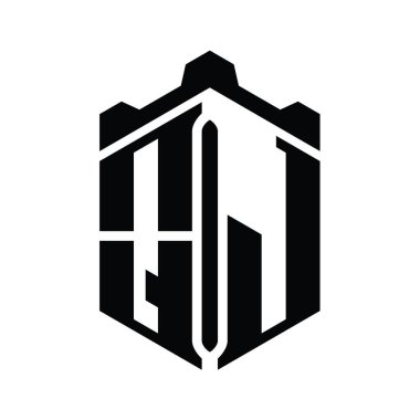 QJ Harfi Logo monogram altıgen şekli Crown kalesi geometrik biçim tasarım şablonu